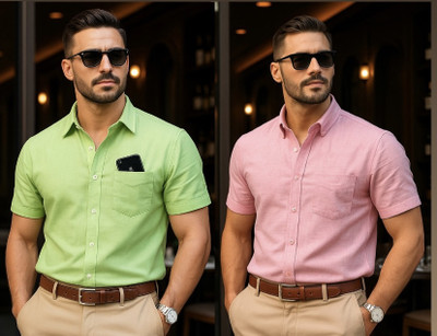 LUCKY COLLECTIOS Men Solid Formal Green, Pink Shirt(Pack of 2)