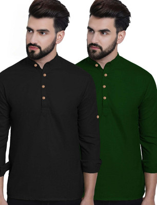 Navkanj Men Solid Asymmetric Kurta(Green)