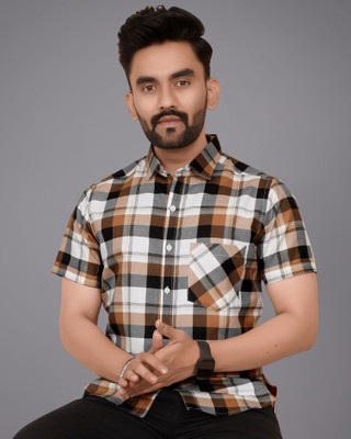 METRONAUT Men Printed, Checkered Casual Brown Shirt