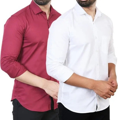 Hansroop Men Solid Casual White, Maroon Shirt(Pack of 2)