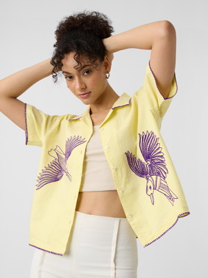 The Souled Store Women Embroidered Casual Yellow Shirt