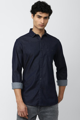 VAN HEUSEN Men Self Design Casual Dark Blue Shirt