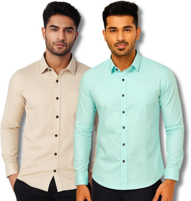 EchoWear Men Solid Casual Beige, Light Blue Shirt(Pack of 2)