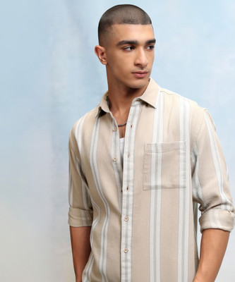 HIGHLANDER Men Striped Casual Beige Shirt