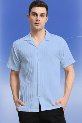 Dharamraj Fashion Men Self Design, Striped Casual Light Blue Shirt