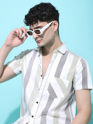 Voroxy Men Striped Casual White, Grey Shirt