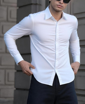 RADHEEFAB Men Solid Formal White Shirt