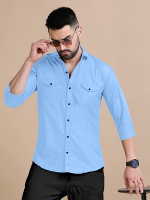 ESTHERCHARM Men Solid Casual Light Blue Shirt