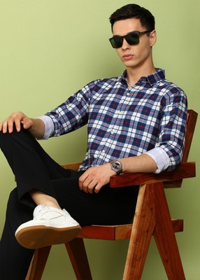 FUBAR Men Checkered Formal Blue Shirt