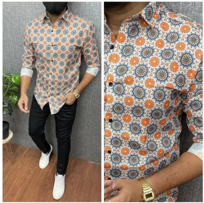 HouseOfCommon Men Printed Pathani Kurta(Orange, Multicolor)