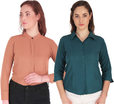 Miranga Women Solid Casual Orange, Green Shirt(Pack of 2)