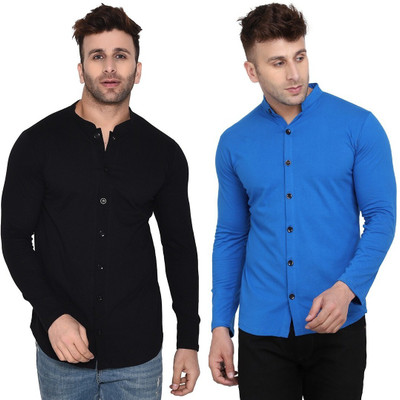 Lawful Casual Men Solid Casual Blue, Black Shirt(Pack of 2)
