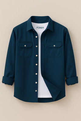 FOXEY Men Solid Casual Blue Shirt