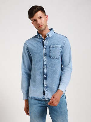 Dennis Lingo Men Washed Casual Blue Shirt