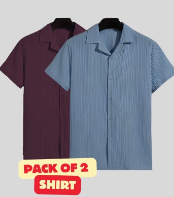 FUBACK Men Solid Casual Purple, Grey Shirt(Pack of 2)