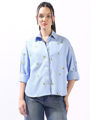 High Star Women Printed Casual Blue Shirt
