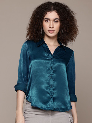 Roadster Women Solid Party Green Shirt