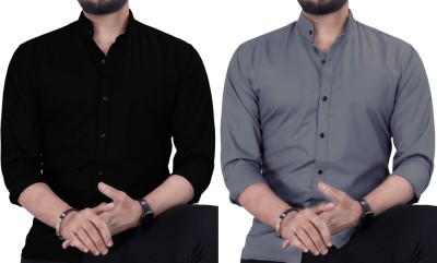 Kashvi Men Solid Casual Black, Grey Shirt(Pack of 2)