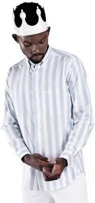 french crown Men Striped Casual White, Light Blue Shirt