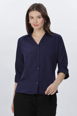 FUBACK Women Solid Casual Blue Shirt