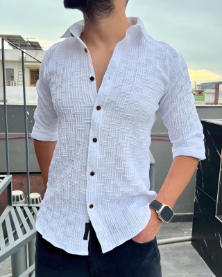 VS Collection Men Self Design Casual White Shirt