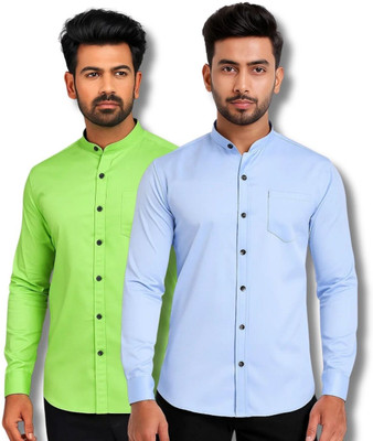 MAHIRAN Men Solid Casual Light Green, Light Blue Shirt(Pack of 2)