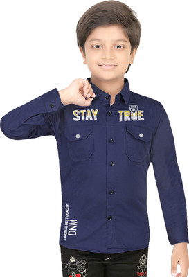 FASHION GRAB Boys Printed Casual Dark Blue Shirt