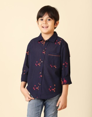 Fabindia Boys Embroidered Casual Dark Blue, Yellow, Red Shirt