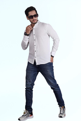 PEARL OCAN Men Self Design Casual White Shirt