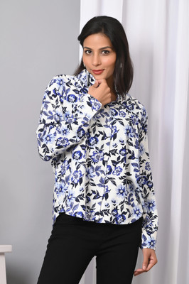 IQRAAR Women Printed Casual Blue Shirt