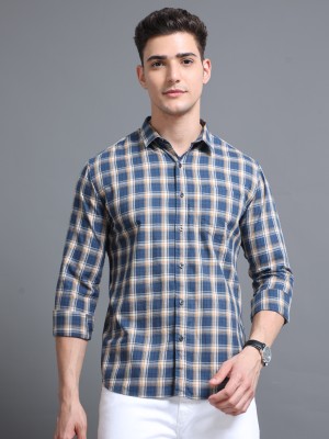 SPRNG Men Checkered Casual Dark Blue, White, Yellow Shirt