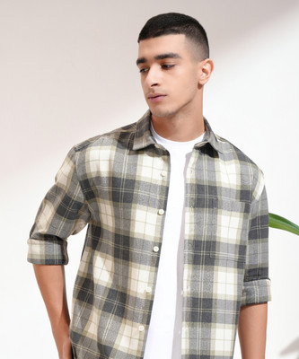 HIGHLANDER Men Checkered Casual Grey, Beige Shirt