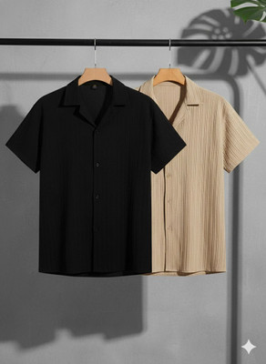 WUXI Men Solid Casual Black, Khaki Shirt(Pack of 2)