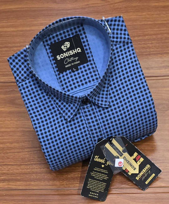 SONISHQ Men Checkered Casual Light Blue Shirt