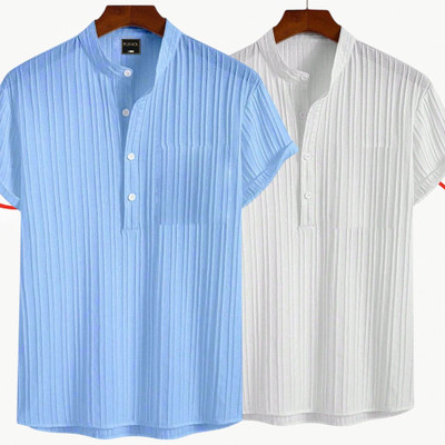Looksky Men Self Design Casual Light Blue, White Shirt