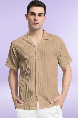 A DEEMOON TREND Men Striped, Self Design, Solid Casual Cream Shirt