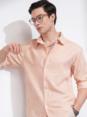 HIGHLANDER Men Striped Casual Orange Shirt