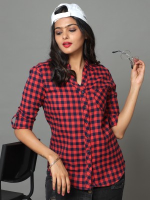 tallwalker Women Checkered Casual Maroon Shirt