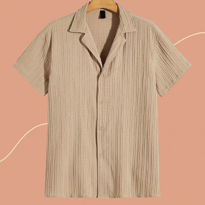 Looksky Men Self Design Casual Cream Shirt