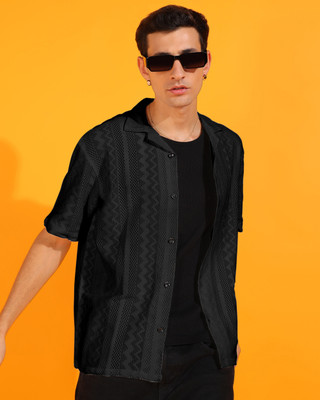 INDICLUB Men Self Design Casual Black Shirt