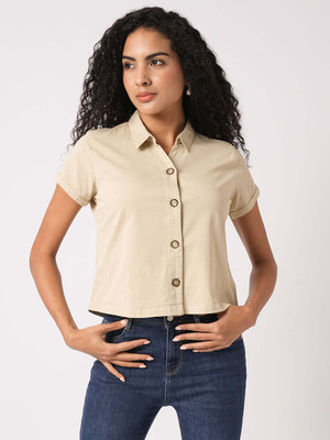 Kraus Jeans Women Solid Casual Beige Shirt