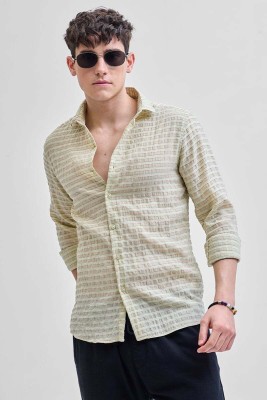 Snitch Men Striped Casual Beige Shirt