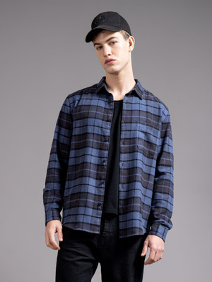 British Club Men Checkered Casual Dark Blue, Grey Shirt