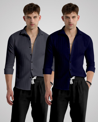 kruze Men Self Design Casual Grey, Dark Blue Shirt(Pack of 2)