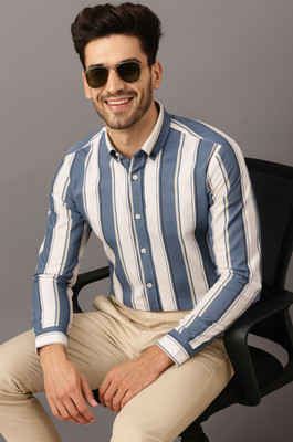 DJFOX Men Striped Casual Light Blue Shirt