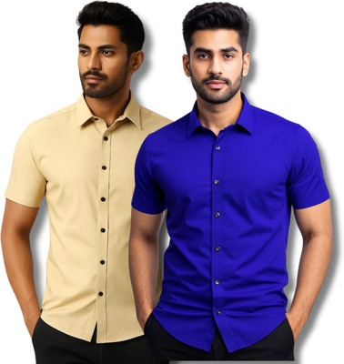 RAREMARK Men Solid Formal Beige, Blue Shirt(Pack of 2)