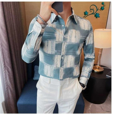 Dada Cretion Men Printed Casual White, Blue Shirt