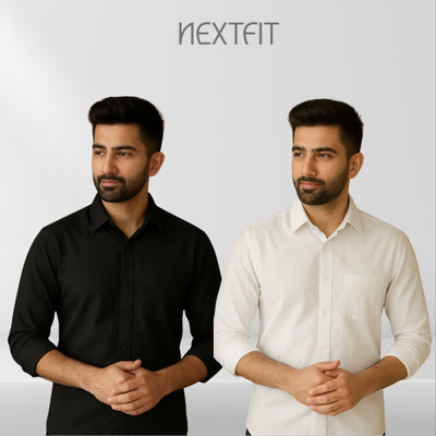 Nextfit Men Solid Casual Black, White Shirt(Pack of 2)