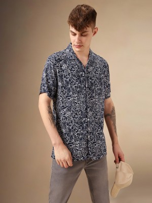 Dennis Lingo Men Printed Casual Dark Blue Shirt