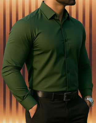 NRFSHION Men Solid Formal Green Shirt